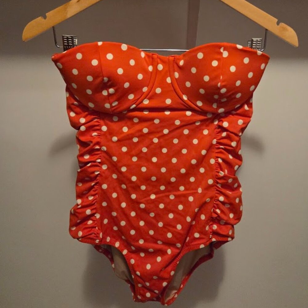 J.Crew Gemma Ruched Bandeau One-Piece Swimsuit Size 4 Orange Polka Dot